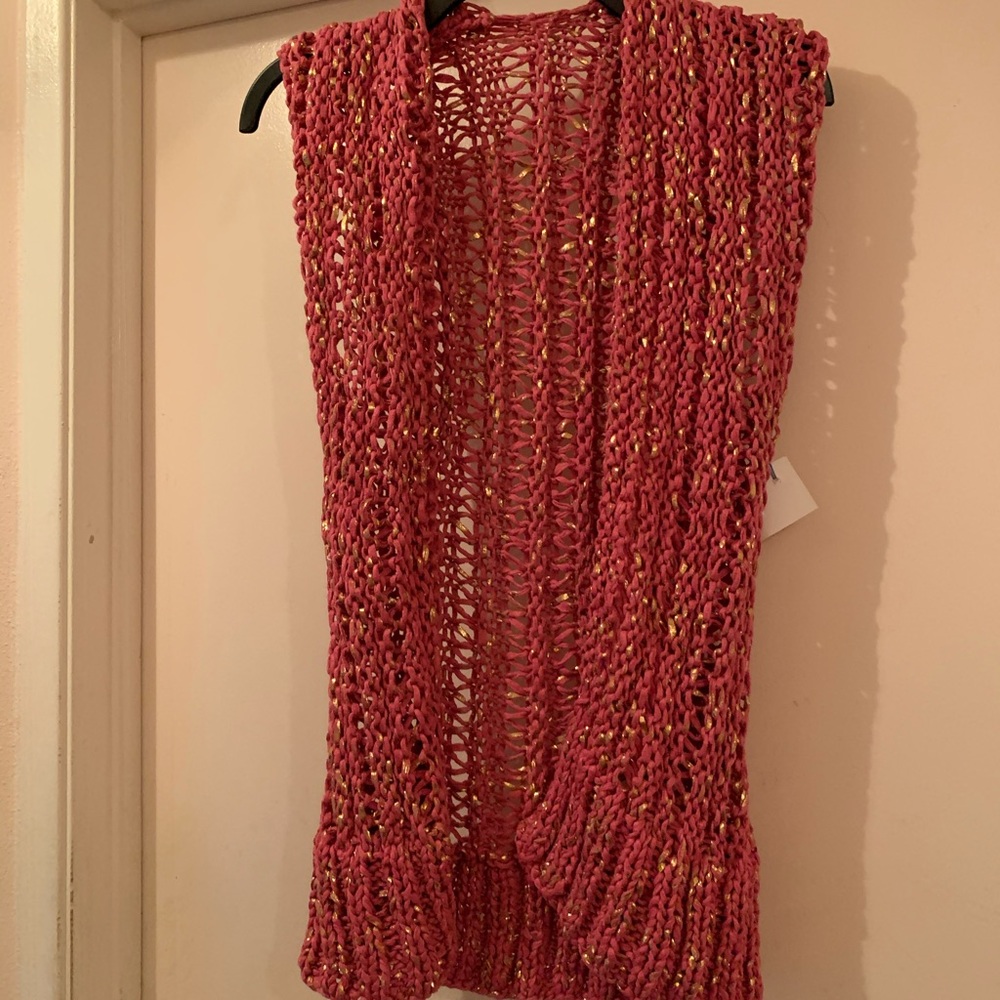 Hot Pink and Gold Painted Hand Knit Long Vest